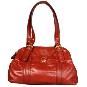 Kate Landry Shoulder Bag Red Glossy Leather Double Zip Compartments Buckle Strap